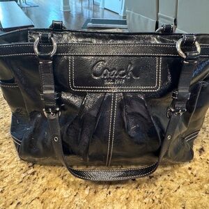Coach Black Paten Leather Handbag with Silver Accents